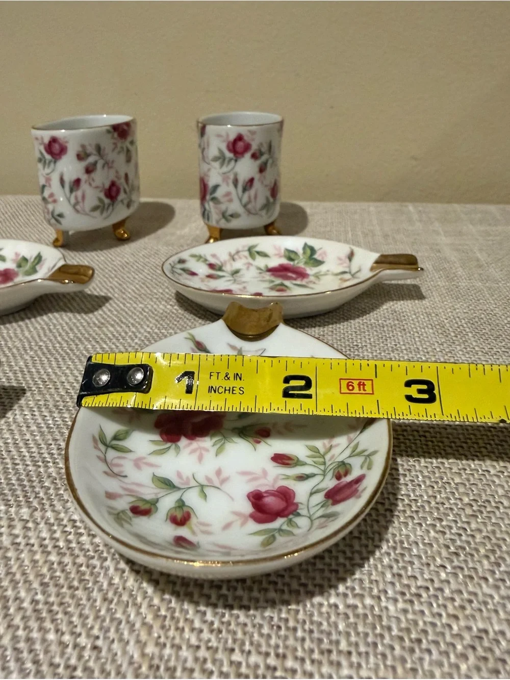 Vintage Lefton Rose Chintz Porcelain Cigarette Holder Ashtray Set 6pc